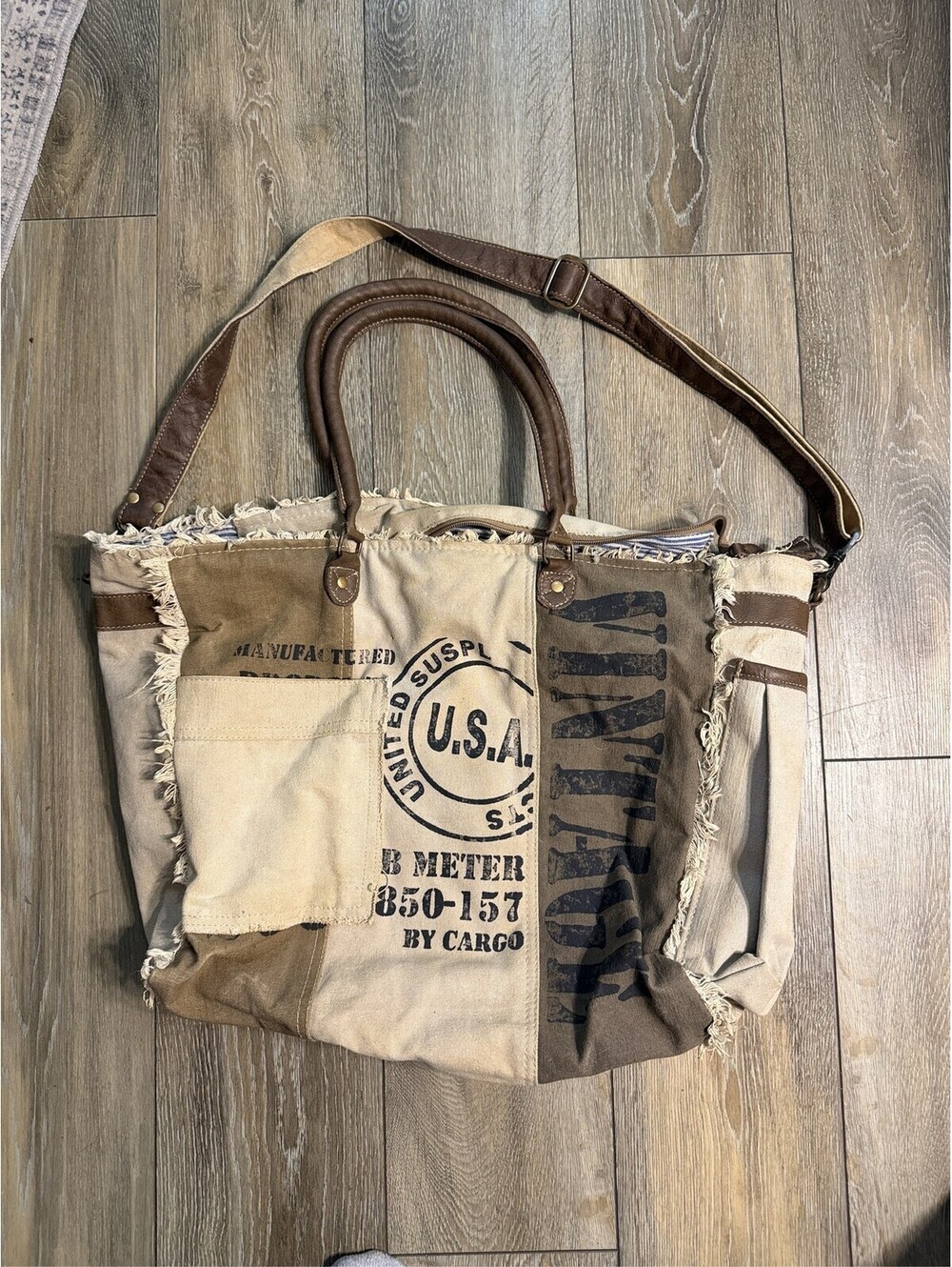 Vintage USA Canvas Patchwork Tote Bag with Leather Handles and Adjustable Strap